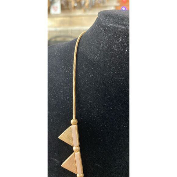 Gold Triangular Shaped Semi-precious Rose Quartz Inlay Necklace 16” 4” Extender - Picture 3 of 5